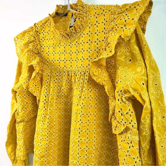 Scotch & Soda Yellow Eyelet Exaggerated Ruffle Top Size M Euro Summer Vibe! - Picture 5 of 13
